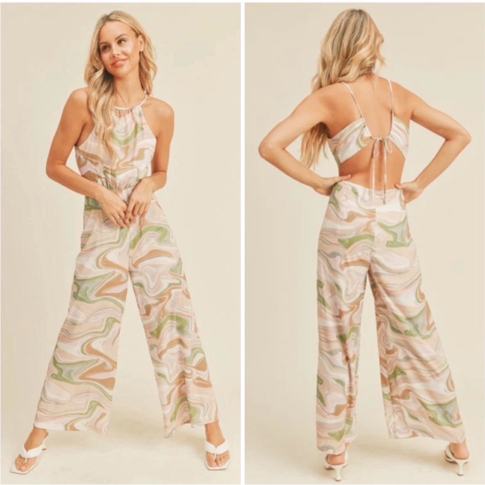 Lush 70’s Swirl Print Cut Out Back Halter Wide Leg Jumpsuit